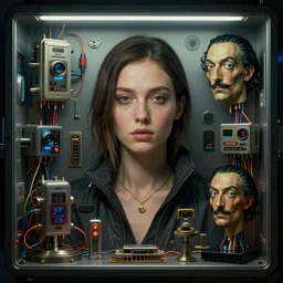 beauty woman, full pallet image, Blade runner artifacts, electronic case display, cyberpunk tech, ultrarealistic, futuristic style, three point lighting, dramatic lighting, electrical details, high details, 4k, 8k, best, accurate, trending on artstation, artstation, photorealism, ultrarealistic, digital painting, style of Peter Mohrbacher, Caravaggio, Dali, Boris Vallejo, Hajime Sorayama