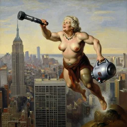 yoked physique ultimate space villain super granny flies above new york city with her vacuum cleaner orwellian themes konstantin vasilyev grant wood jan van eyck john steuart curry