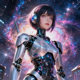makoto shinkai...... robotic android girl. futuristic cyberpunk. dystopia. vibrant nebula sky.
