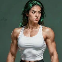 a beautiful female bodybuilder wearing a white tank top. highly detailed portrait, digital painting, sharp focus illustration, artstation hq. intricate, elegant. art by wlop, green iridescent