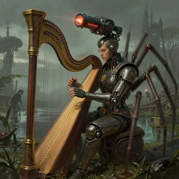 full shot portrait of medieval - cyberpunk - spider - machine with giant laserturret and playing on the laser harp, cyberpunk 2 0 8 8, scene of swamp battleground background, elegant, digital illustration, detailed, intricate, sharp focus, digital painting, deep focus, artstation, matte, art by artgerm and greg rutkowski and alphonse mucha