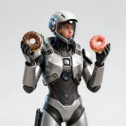 Spectre unit from Titanfall holding a donut and looking at it quizzically, 4K Vray photorealistic render