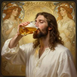jesus drink a beer, diffuse lighting, fantasy, intricate, elegant, highly detailed, lifelike, photorealistic, digital painting, artstation, illustration, concept art, smooth, sharp focus, art by john collier and albert aublet and krenz cushart and artem demura and alphonse mucha