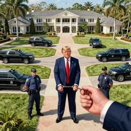 a perfect hand drawn picture of donald trump being put into hand cuffs by fbi agents outside of his florida country club with many black suvs outside, insanely detailed, overhead view