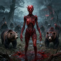 high resolution 4 k goru, blood, horror made in abyss design bizarre design body a field of cool colors shading country bears paradise, eradication, pogrom, at war, art in the style of and oleg vdovenko and akihito tsukushi