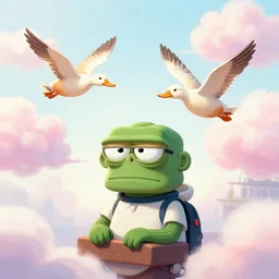 flying ducks, cotton candy clouds in background, soft lighting, bright environment, fog, bored ape yatch club - style art, comic art, detailed