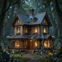victorian house in the forest near cemetery scene with a lot of lights, glass elements, wires and tubes, high details, many small details, dieselpunk, trending on artstation. com, greatly inspired by legends of runeterra