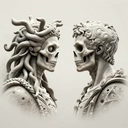 a skully portrait of perseus vs medusa gorgon character portrait made of fractals facing each other, ultra realistic, wide angle, intricate details, the fifth element artifacts, highly detailed by peter mohrbacher, hajime sorayama, wayne barlowe, boris vallejo, aaron horkey, gaston bussiere, craig mullins