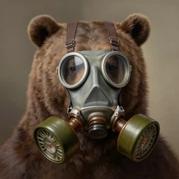 illustration of a bear wearing a gas mask, realistic painting, classical painting, high definition, digital art, matte painting, very detailed, realistic