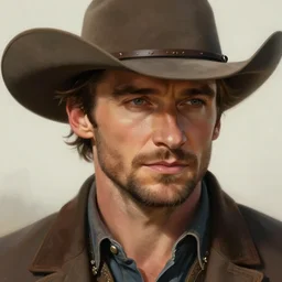 hugh jackman as a cowboy, realistic, handsome, romance novel cover, face, intricate, dreamy, elegant, digital painting, artstation, smooth, sharp focus, art by artgerm and greg rutkowski and and annie leibovitz