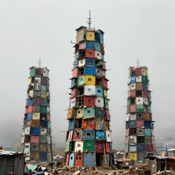 three towers, made up of colourful makeshift squatter shacks, uneven fog, dystopia, sony a 7 r 3, f 1 1, fully frontal view, photographed by jeanette hagglund
