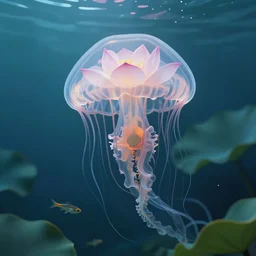 lotus swimming underwater like a jellyfish, transperent jellyfish head covers with the lotus flower, tentacles hunting small fish, photographic, cinematic, photorealistic, volumetric lighting, detailed, smooth, artstation, octane render, wolp