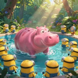 pink hippo swimming in a pool full of yellow minions, stephen bliss, unreal engine, fantasy art by greg rutkowski, rhads, ferdinand knab, makoto shinkai and lois van baarle, ilya kuvshinov, rossdraws, tom bagshaw, global illumination, radiant light, jungle