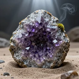 symmetrical, beautiful, rock, amethyst, sand, smoke, moss, light rays, hdr, 8 k, intricate