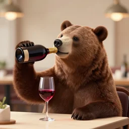 a bear is drinking wine in a restaurant, digital art