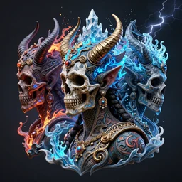 3 d ornate carved satan with tattoos profile portrait, sigma 5 0 0 mm f / 5. beautiful intricate highly detailed quetzalcoatl skull. bioluminescent, plasma, lava, ice, water, wind, creature, thunderstorm! artwork by tooth wu and wlop and beeple and greg rutkowski, 8 k trending on artstation