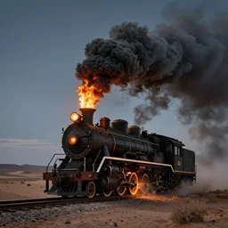 a long, foreboding black steam engine travelling through the desert at night- tall bright flames and thick black smoke coming from the engine; detailed, best on artstation, cgsociety, wlop, cosmic, epic, stunning, gorgeous, masterpiece
