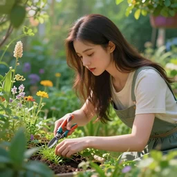 a beautiful girl is taking care of the garden in a beautiful and varied vegetation dream garden with quality pruning shears, artstation greg rutkowski, cinematic, hyperrealist, beautiful face and features, the most beautiful girl digital art, light essential calm quality wlop projection render