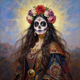 portrait oil painting, a beautiful young woman, floral headdress, flowers, dia de los muertos makeup, long flowing hair, ornate robe, ultra realistic, wide angle, intricate details, artifacts, luminous skies, highly detailed, michael cheval, peter mohrbacher, boris vallejo, jessica rossier, oil painting, highly detailed, cinematic lighting
