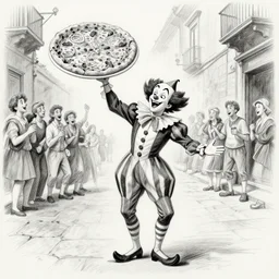 pulcinella dancing drunk through the street of naples waving a very large pizza, amused people in the background, black and white pencil sketch by silvio fiorillo, from commedia dell'arte