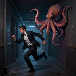 a man wearing a bowtie running down a dark hallway, chased by a looming octopus, digital art