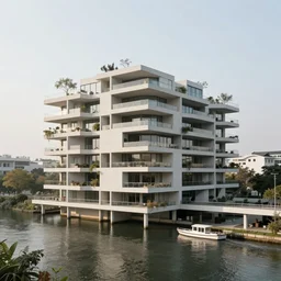 biophilic design, minimalist parametric architecture, futurist, utopian, simple coherent structures, built above canals, multiple levels of terraces and balconies