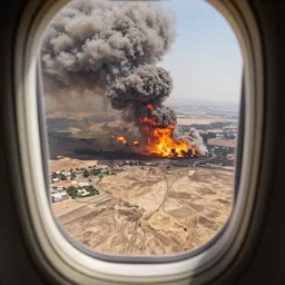 airplane window view, flying above a drying landscape and huge fire