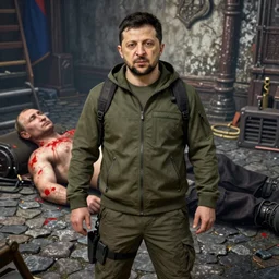 Detailed portrait of Volodymyr Zelensky close to reality in 2022, in game style 8k in a detailed costume of an assassin from a computer game of an assassin, on a detailed background Vladimir Putin is lying on a cobblestone with a bare torso smeared with red paint, a detailed background,