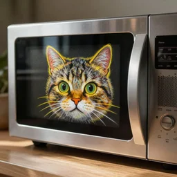 A microwave with a cartoon cat face drawn in yellow crayon
