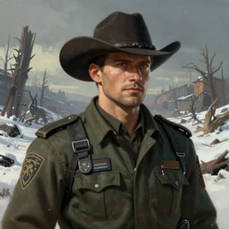 A comic book style portrait painting of a male ranger with cowboy hat in a a post apocalyptic winter landscape, unreal 5, DAZ, hyperrealistic, octane render, RPG portrait, ambient light, dynamic lighting