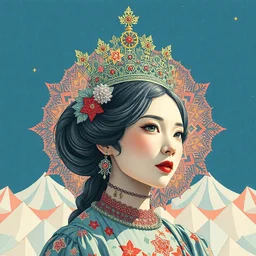 album cover art for katakana queen in front of tessellations polygons by akihiko yoshida