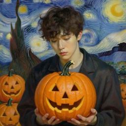 painting of young cute handsome beautiful dark medium wavy hair man in his 2 0 s named shadow taehyung at the halloween pumpkin jack o'lantern party holding pumpkin, melancholy, autumn colors, japan, elegant, clear, painting, stylized, delicate, soft facial features, delicate facial features, soft art, art by alphonse mucha, vincent van gogh, egon schiele
