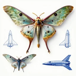 a mechanized emperor moth with wings spread out, orthographic view, top down view, bottom view, side view, blueprints, gradius, mecha, jet fighter, space shuttle, robotic, highly detailed, artstation, super realistic, unreal engine