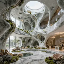 highly detailed ultra sharp villa interior cinematic composition of a smooth ceramic porcelain biomorphic magnolia stone nebula fluid fractal sci - fi surreal architecture landscape, granite, metallic, marble, moss, lichen, corals, vincent callebaut composition, mamou - mani, archviz, beautiful lighting, 8 k, unreal engine