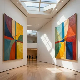 interior view overlooking a spectacular incredible beautiful art museum, huge abstract art murals, located in aspen colorado, bright colored buildings