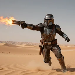 the mandalorian fires his weapon sideways while flying over the mars desert