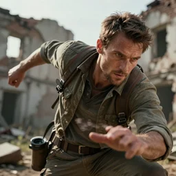 a dramatic pose of a man wearing explorers clothes, closeup, in action, dramatic face angles, motion blur, ruined building background, photo realistic, hyper detailed, trending on artstation, unreal engine 5, octane render, 8 k, by martin schoeller