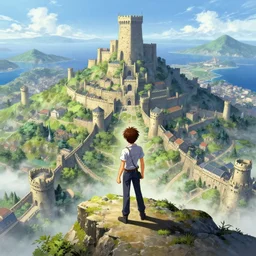 an ultra detailed matte landscape painting of the chosen one standing on a cliff overlooking a medieval capital, a fortress town built on top of many hills by the sea, extremely tall and strong young man with short brown hair as a shonen anime protagonist, epic anime fantasy, 8 k, volumetric lighting, smooth, highly detailed, digital illustration, art by kentaro miura and akira toriyama and artgerm