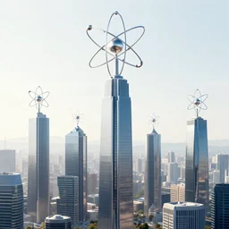 ery clean material design poster with futuristic city on the horizon. buildings have reserford's atom on top