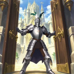 The knight captain slams open the doors to the grand fantasy castle in the style of Fate/Zero by Ufotable, plate armour, helmet with feathers, zoomed out view