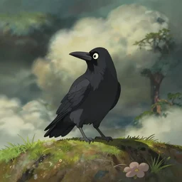 a wholesome animation key shot of a crow on a hill, portrait shot, centered subject, studio ghibli, pixar and disney animation, sharp, rendered in unreal engine 5, anime key art by greg rutkowski, bloom, dramatic lighting