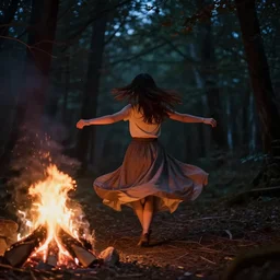 a girl dancing in the night of the forest, with her back facing the viewer, bonfire, hyperdetailed, trending on artstation,