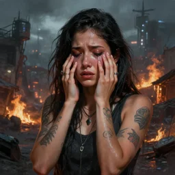 digital painting of a streetwear woman holding back tears, a futuristic shanty town burns in the background, distress, tattoos, dark strokes, dark glitter, 4k, 8k, hd, full color, octane render, trending on artstation, highly detailed