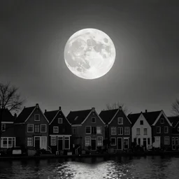 Dutch houses along a river, silhouette!!!, Circular white full moon, Debussy, b&w!