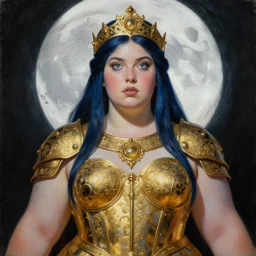 painting of junoesque plus size priestess of the moon, golden filigree armor and tiara, moon above head, dark blue straight hair, smooth translucent skin, wide striking eyes, beautiful! coherent! by brom, by brian froud, strong line, high contrast, muted color, 4 k, trending on artstation
