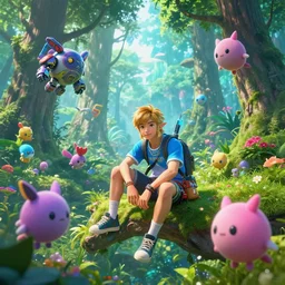 stunning view of cyberpunk teenage mixed race male sitting in the middle of a lush magical forest, flying tamagotchi's, mech tamagotchis flying around, beautiful, 8 k wallpaper, in the style of legend of zelda