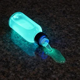 glowing liquid filled bottle spilling onto a granite tabletop, blacklight, sigma 8 5 mm f / 1. 4