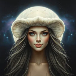 perfectly centered symmetrical portrait, front view of a beautiful mushroom moon goddess, female, flowing hair, intense stare, sweet smile, cosmic background, concept art, intricate detail, volumetric shadows and lighting, realistic oil painting by tim hildebrandt,