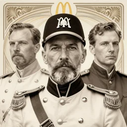 close up portrait of colonel sanders - sepia, decorated civil war veteran, union uniform by artgerm, cushart krenz, greg rutkowski, mucha. art nouveau. gloomhaven, golden arches logo, pale colors, sharp edges. ultra clear detailed. 8 k. elegant, intricate, octane render