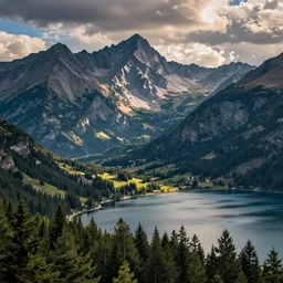 mountains, trees, and lake, in the style of bojack horseman